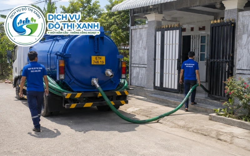 Nhân viên Đô Thị Xanh đang thi công hút hầm cầu tại Chợ Mới