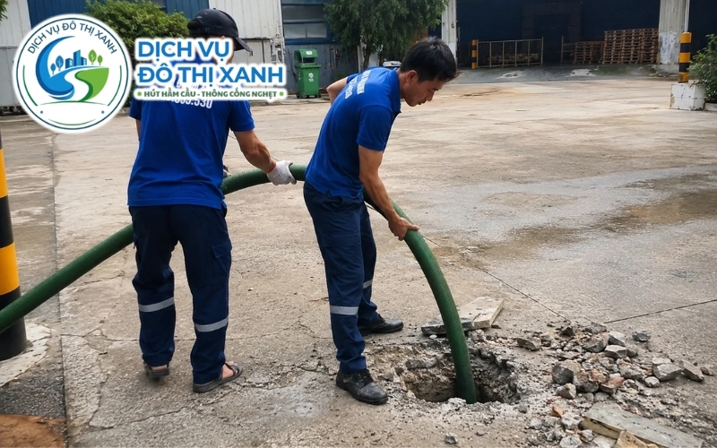 Hút Hầm Cầu Phú Tân 24/7, Xe Tới Nhanh Khi Hầm Đầy 9 Nhân viên Đô Thị Xanh đang thi công hút hầm cầu tại Phú Tân