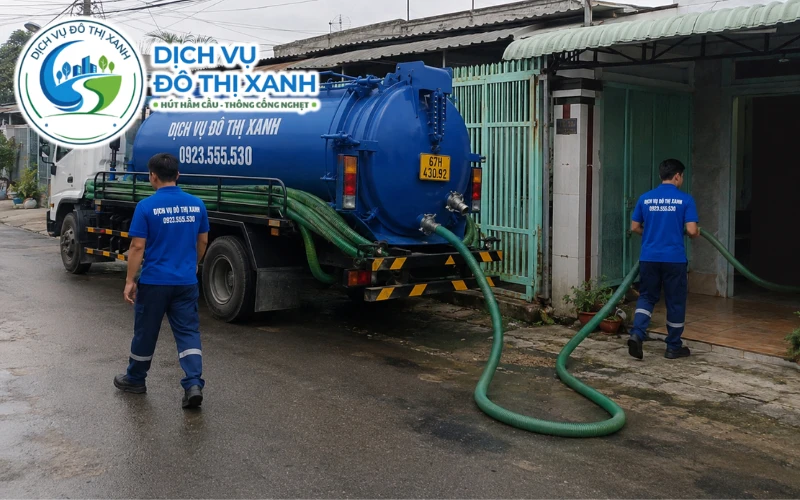 Hút hầm cầu Châu Đốc: hút sạch 1 lần, xe tới tận nơi 3 Nhân viên Đô Thị Xanh đang thi công hút hầm cầu tại Châu Đốc