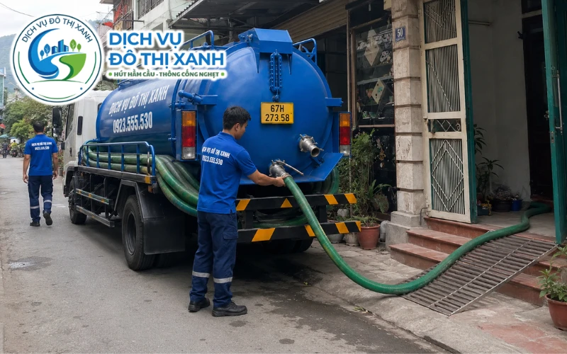 Nhân viên Đô Thị Xanh đang thi công hút hầm cầu tại Tri Tôn