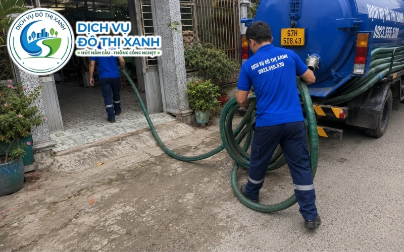 Nhân viên Đô Thị Xanh đang thi công hút hầm cầu tại An Phú