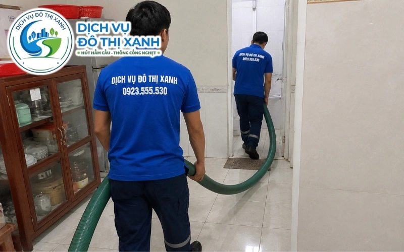 Nhân viên Đô Thị Xanh đang thi công hút hầm cầu tại An Phú