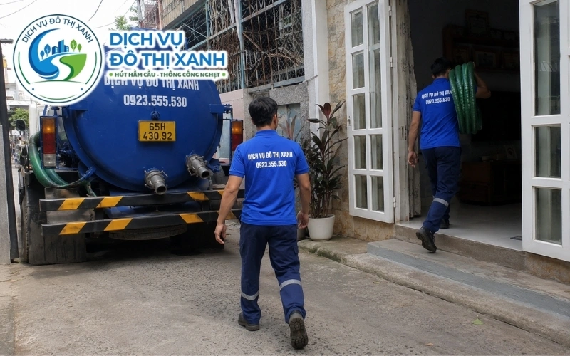 Hút hầm cầu Thới Lai cho nhà dân, nhà trọ, quán ăn, công ty 4 Nhân viên Đô Thị Xanh đang thi công hút hầm cầu tại Thới Lai