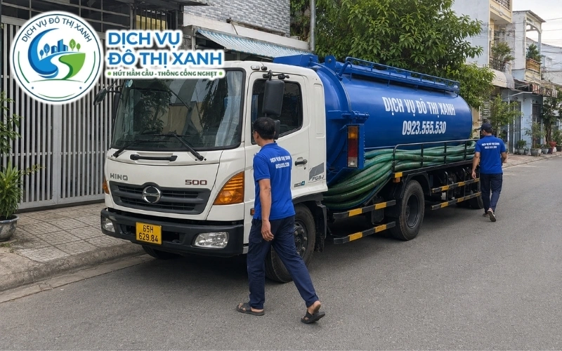 Nhân viên Đô Thị Xanh đang thi công hút hầm cầu tại Phong Điền