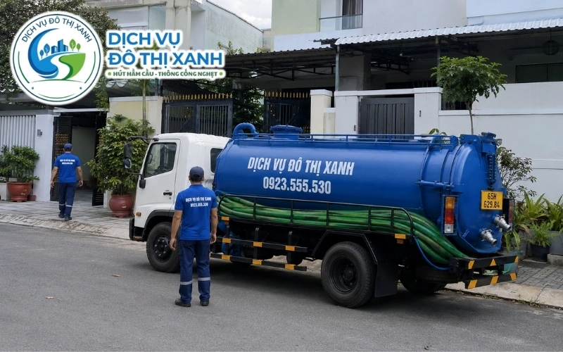 Nhân viên Đô Thị Xanh đang thi công hút hầm cầu tại Ô Môn