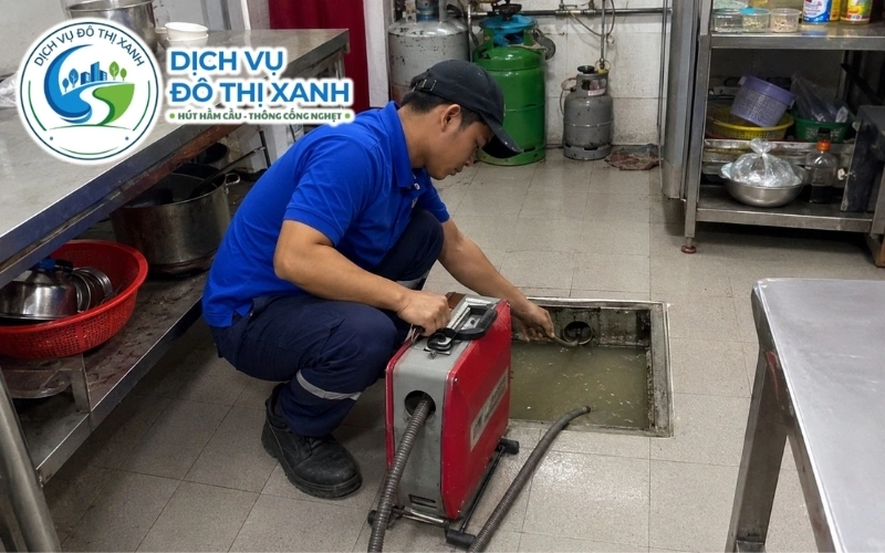 Nhân viên Đô Thị Xanh đang thi công thông cống nghẹt tại An Phú