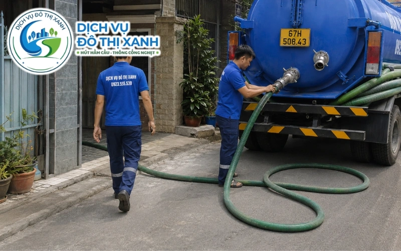 Hút hầm cầu Châu Đốc: hút sạch 1 lần, xe tới tận nơi 2 Nhân viên Đô Thị Xanh đang thi công hút hầm cầu tại Châu Đốc