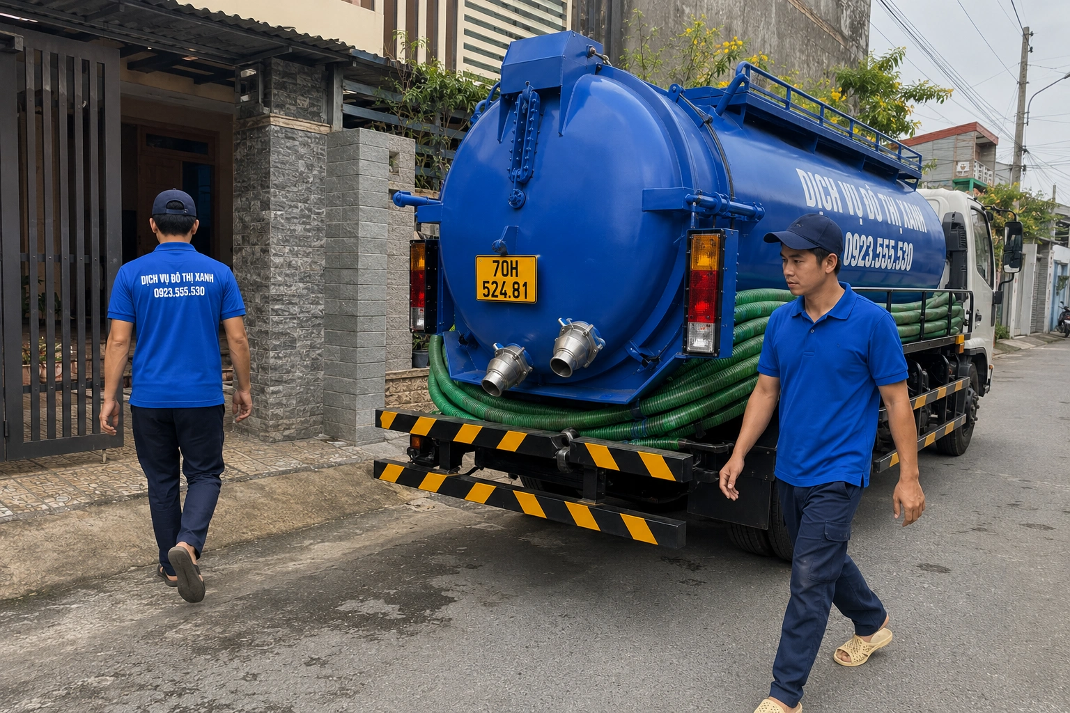 Kỹ thuật viên Đô Thị Xanh đo lượng bùn trước khi báo giá hút hầm cầu Châu Thành Tây Ninh