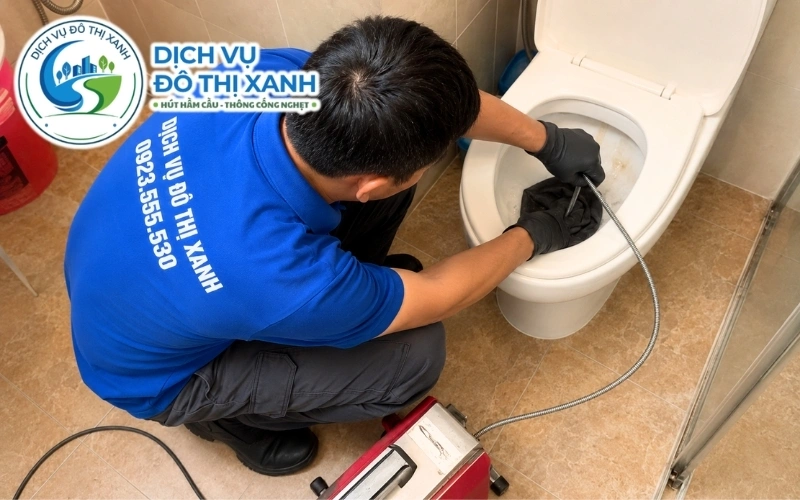 Kỹ thuật viên kiểm tra cặn phèn bít các lỗ xả trên vành bồn cầu tại U Minh
