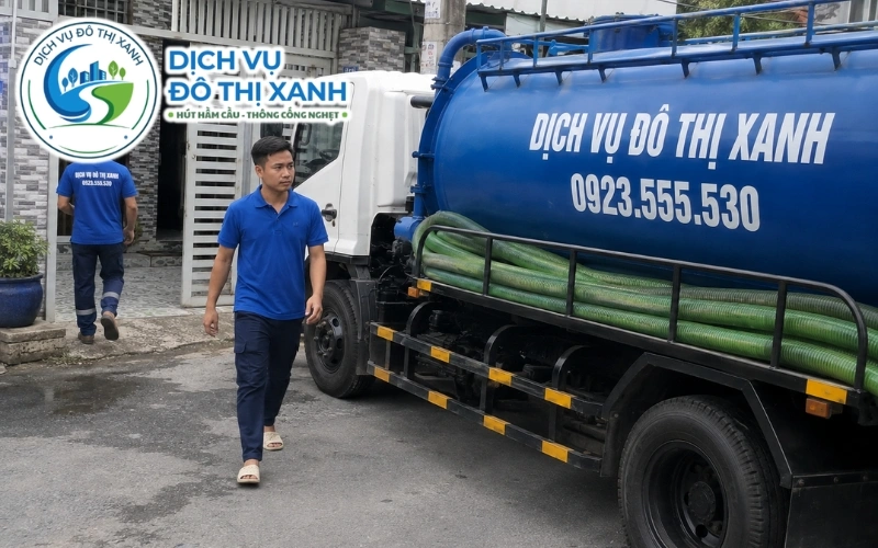 Kỹ thuật viên đo hầm để chọn đúng cỡ xe hút hầm cầu tại Vĩnh Hưng