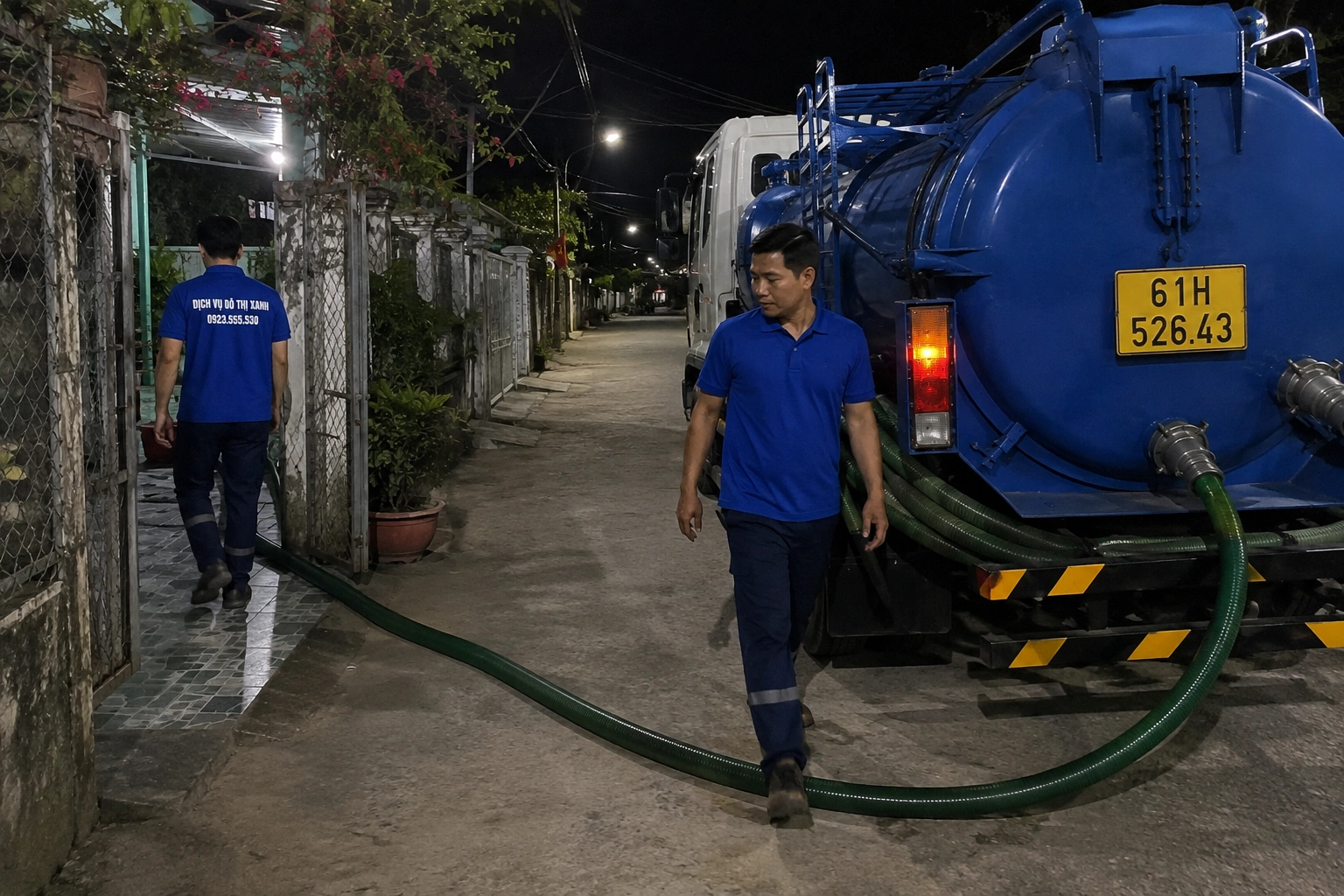 Kỹ thuật viên Đô Thị Xanh kiểm tra dấu hiệu hầm cầu quá tải tại công trình ở Tân Uyên