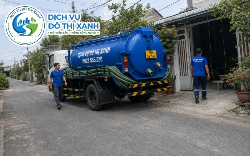 Nhân viên Đô Thị Xanh xử lý hầm cầu quá tải tại dãy trọ bạn ghe Sông Đốc