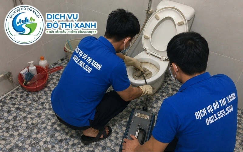 Kỹ thuật viên Đô Thị Xanh kiểm tra dị vật trong bồn cầu homestay tại Châu Thành