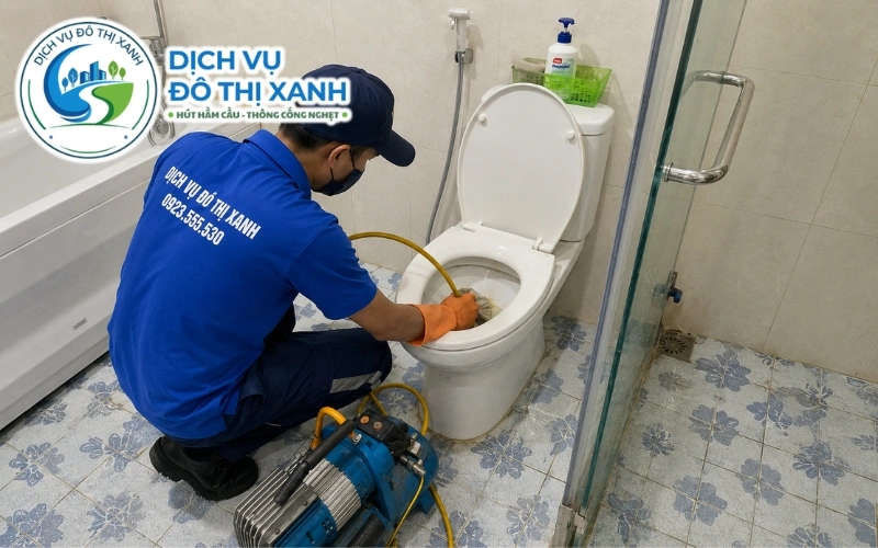 Xe và đội thợ Đô Thị Xanh phục vụ thông bồn cầu tại các xã thuộc khu vực Cầu Ngang