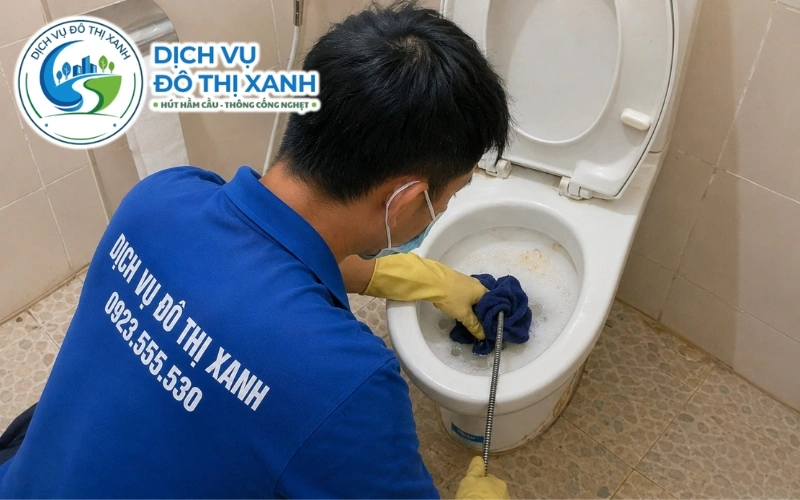 Thông bồn cầu Tân Trụ, Đô Thị Xanh giữ bồn cũ 30 năm 9 Kỹ thuật viên sử dụng dụng cụ mềm để xử lý bồn cầu đời cũ tại Tân Trụ