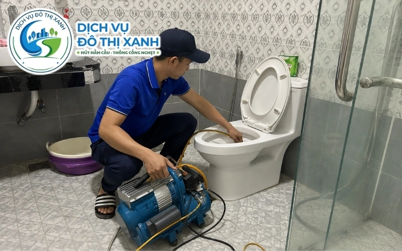 Kỹ thuật viên Đô Thị Xanh dùng dụng cụ gắp dị vật khỏi bồn cầu tại Bình Minh