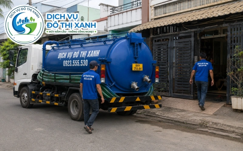 Hút hầm cầu Duyên Hải, Đô Thị Xanh có 2 điểm đặt xe 2 Xe và nhân viên Đô Thị Xanh gom chuyến hút hầm cầu cho các hộ dân ở Duyên Hải