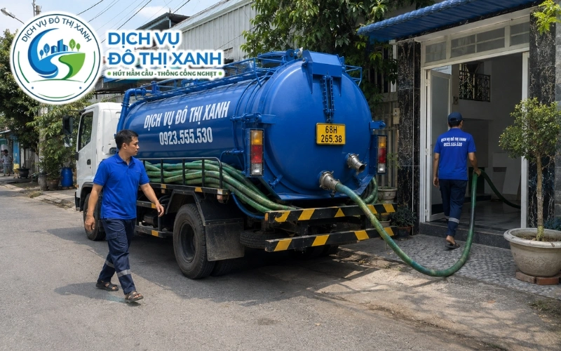Kỹ thuật viên Đô Thị Xanh kiểm tra hầm cầu nhà ven sông Cái Lớn tại Gò Quao