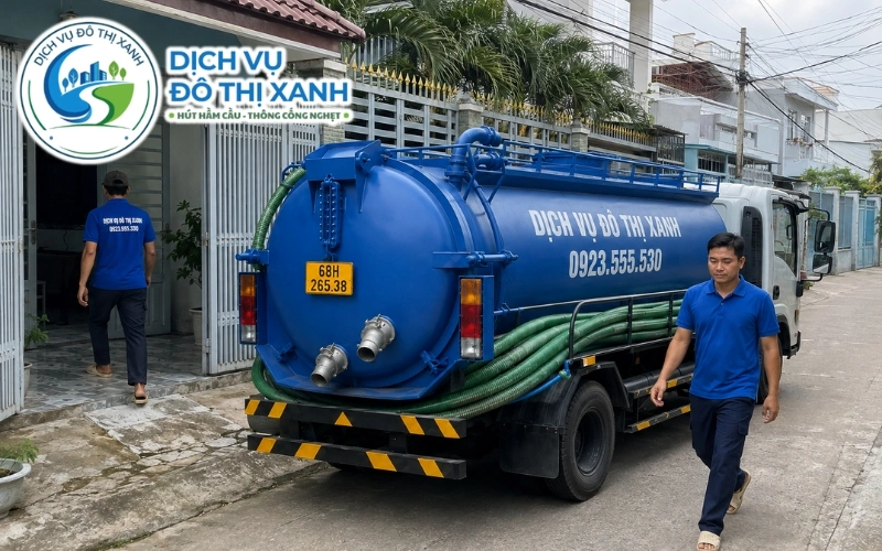 Nhân viên Đô Thị Xanh kiểm tra hầm cầu dùng chung bị đầy nhanh tại dãy trọ Châu Thành