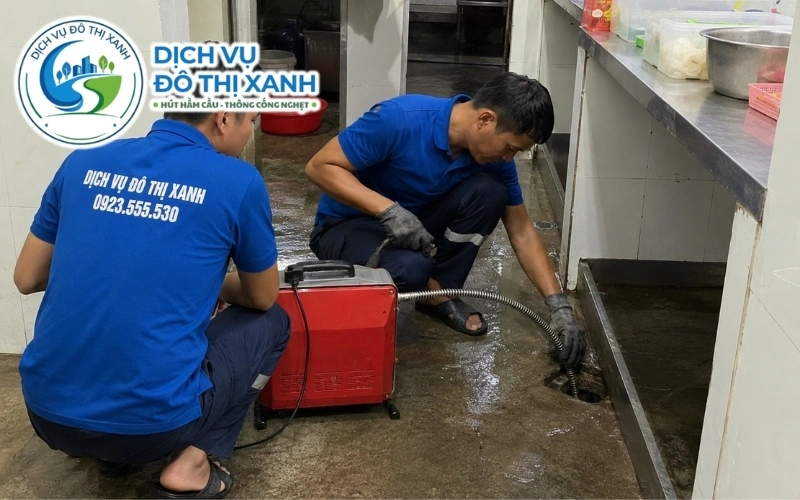 Nhân viên Đô Thị Xanh hút cát hố ga và xịt áp lực đường cống tại Tân Hưng