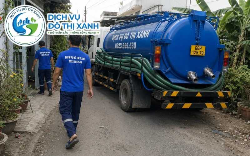 Xe bồn Đô Thị Xanh phục vụ hút hầm cầu bên lộ và cù lao Thanh Bình