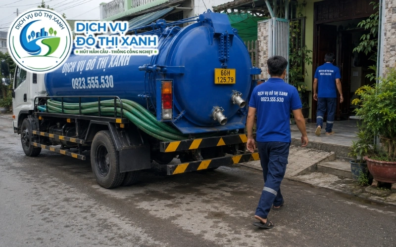 Đội Đô Thị Xanh hút hầm cầu cho dãy trọ và quán ăn quanh chợ Tháp Mười