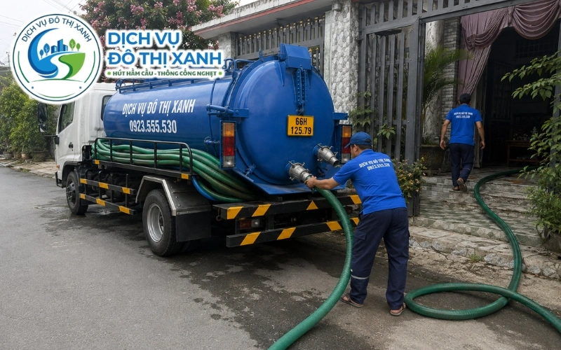 Đội thợ Đô Thị Xanh hút hầm cầu đón đầu cho homestay gần cổng Tràm Chim