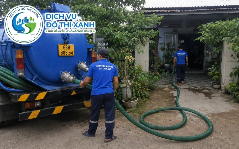Nhân viên nối ống dài hút hầm cầu cho nhà ngập nước tại Hồng Ngự