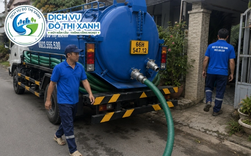 Xe bồn hút hầm cầu cho nhà dân bên lộ QL30 tại Thanh Bình