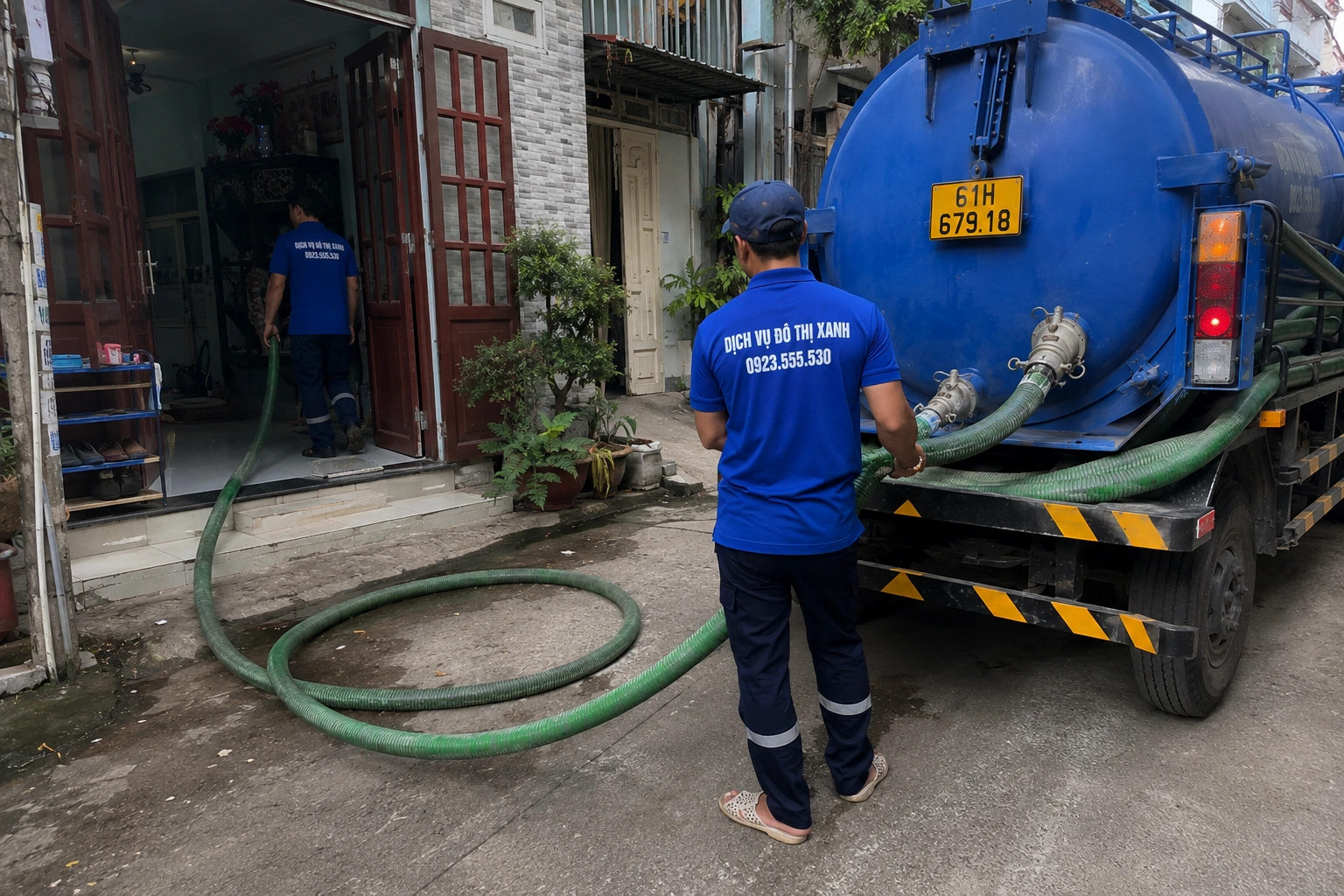 Xe hút hầm cầu Đô Thị Xanh đậu gọn phục vụ nhà phố mặt tiền kinh doanh tại Thủ Dầu Một
