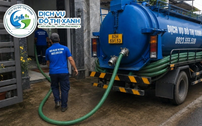 Nhân viên hút hầm cầu cho quán ăn ven quốc lộ 62 tại Mộc Hóa