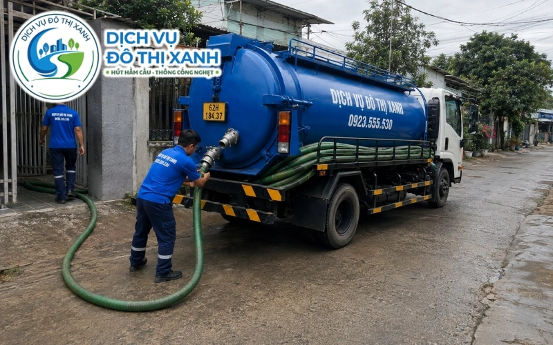 Nhân viên Đô Thị Xanh hút hầm cầu trước mùa nước lên tại Mộc Hóa