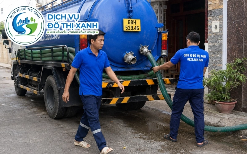 Đội thợ hút hầm cầu cho nhà cuối lộ đal tại xã Ngọc Chúc
