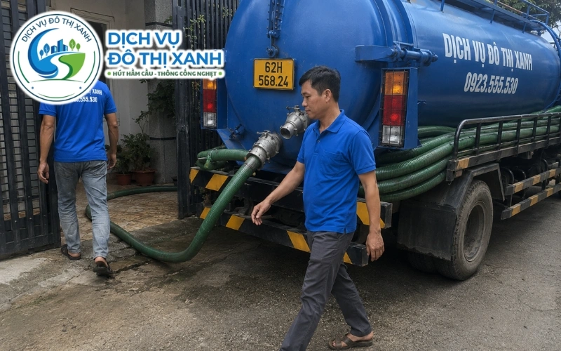 Xe bồn Đô Thị Xanh hút hầm định kỳ cho dãy trọ quanh khu công nghiệp Bến Lức