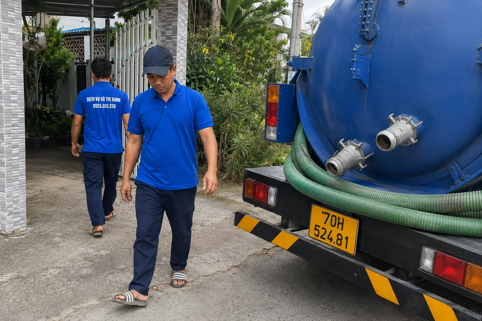 Nhân viên Đô Thị Xanh kéo ống hút hầm vào nhà phố hẻm nhỏ khu trung tâm Hòa Thành