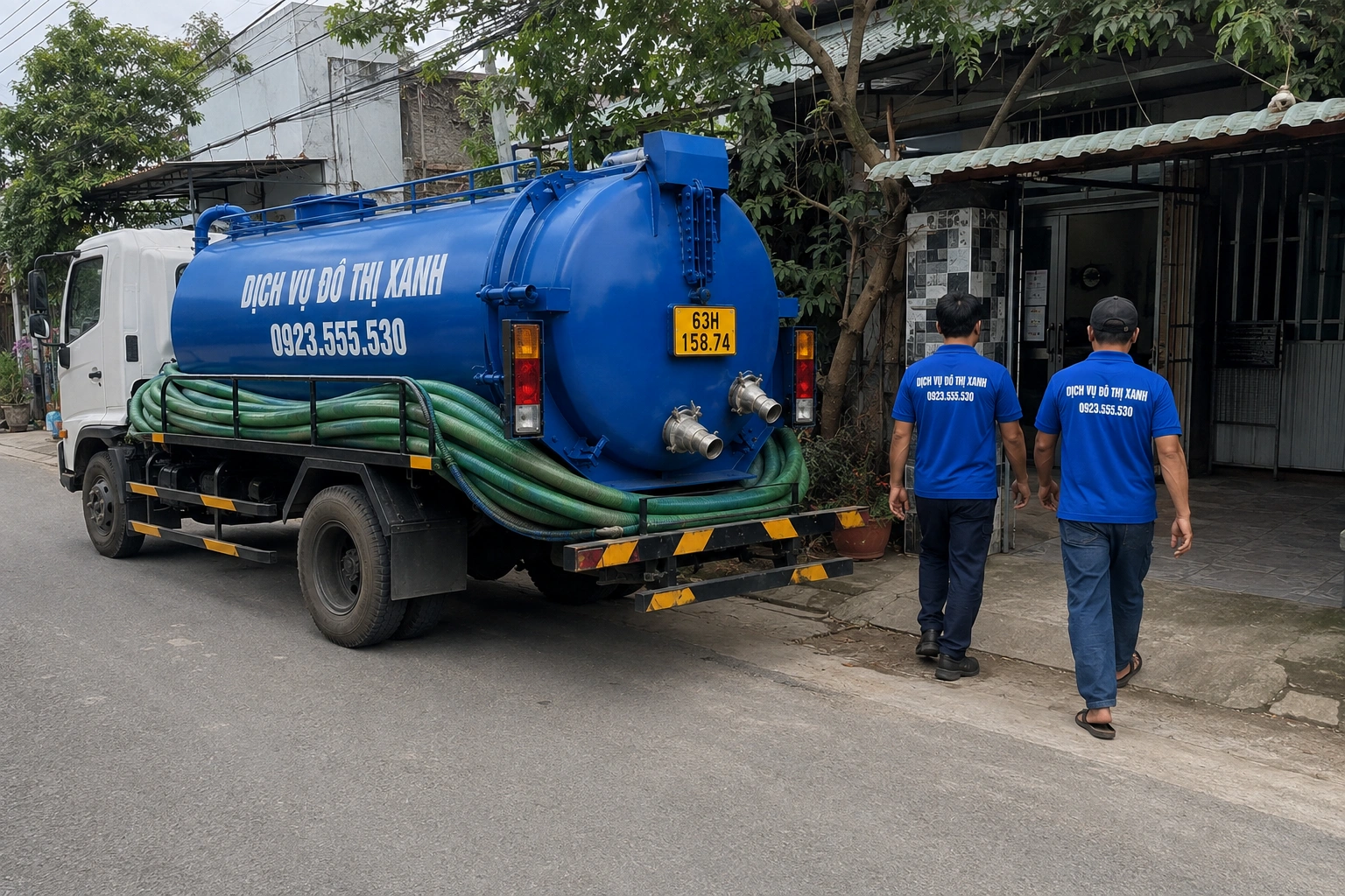 Hút hầm cầu Mỹ Tho, Đô Thị Xanh nhận ca đêm, báo giá 1 lần 3 Nhân viên Đô Thị Xanh kiểm tra hầm cầu vùng đất thấp và mạch nước ngầm cao tại Mỹ Tho