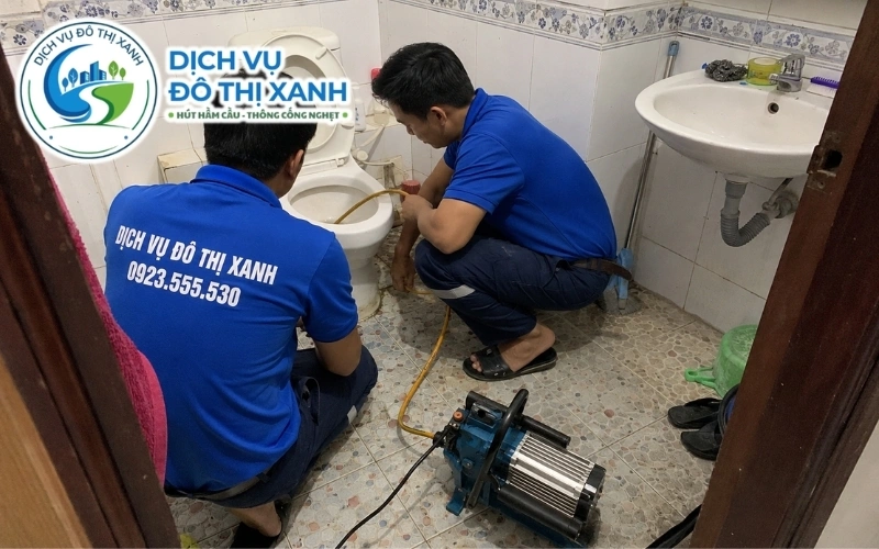 Kỹ thuật viên khảo sát bồn cầu trước khi báo chi phí tại Châu Thành