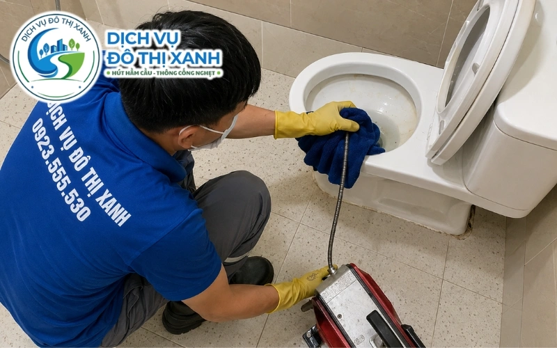 Nhân viên Đô Thị Xanh kiểm tra két nước và độ chắc chắn của bồn cầu cho nhà có người già tại Gò Công