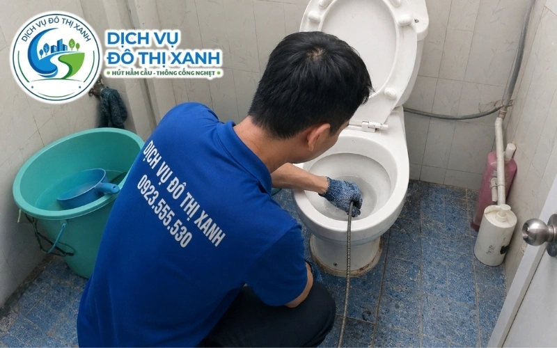 Kỹ thuật viên Đô Thị Xanh hướng dẫn kiểm tra bồn cầu trước khi gọi thợ tại Châu Thành A