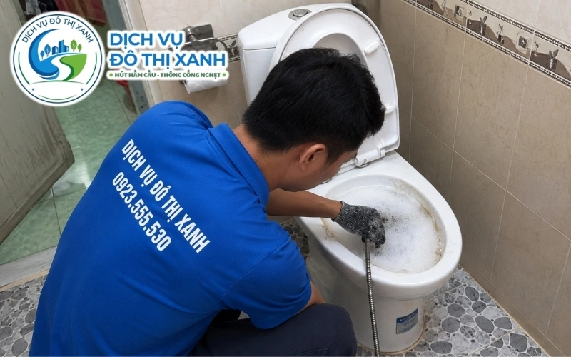 Kỹ thuật viên kiểm tra két nước, van xả và cổ bồn cầu tại U Minh Thượng