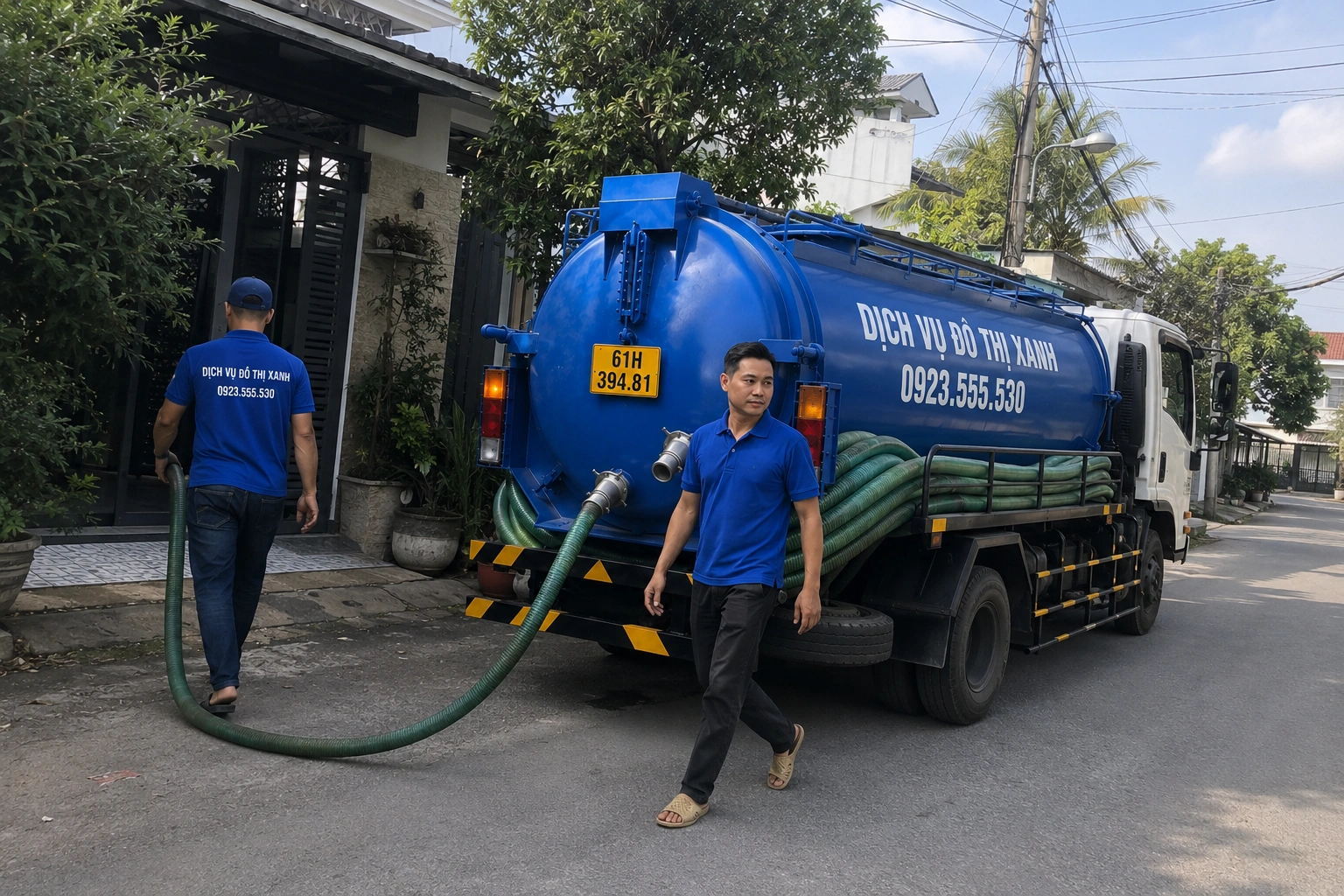 Kỹ thuật viên Đô Thị Xanh kiểm tra lớp bùn đáy và tình trạng hầm cầu không còn hồ sơ tại Bến Cát