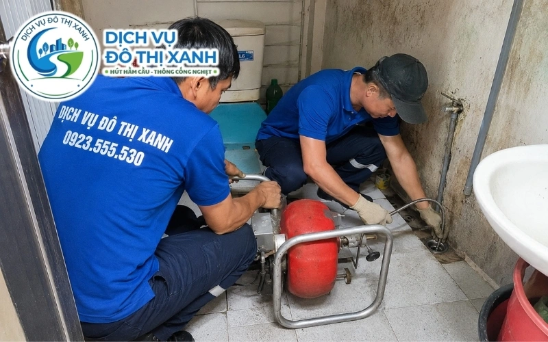 Kỹ thuật viên Đô Thị Xanh kiểm tra để phân biệt cống nghẹt, bồn cầu tắc và hầm cầu đầy tại Tân Hồng