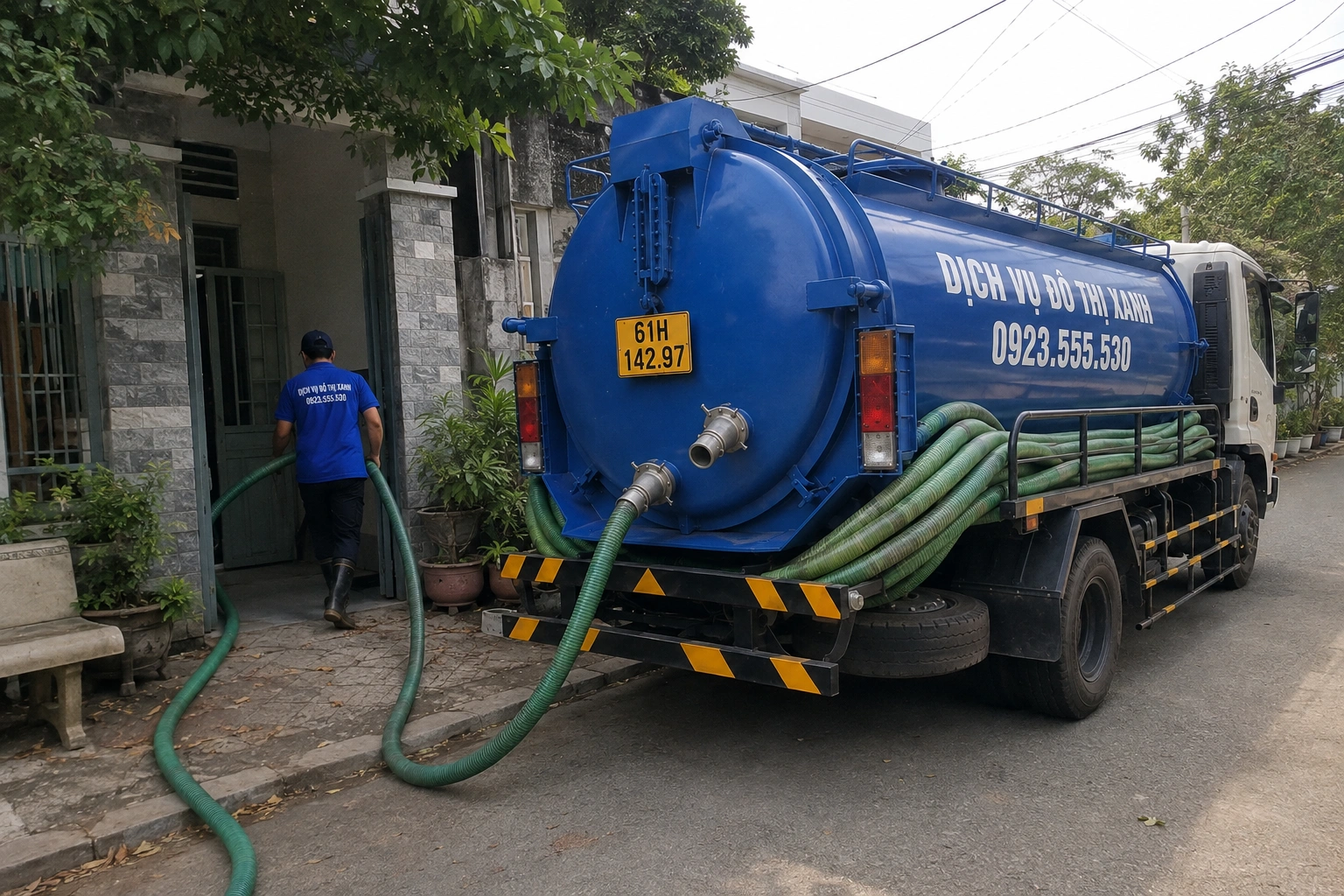Kỹ thuật viên Đô Thị Xanh kiểm tra hầm cầu cho mặt bằng mới sang thuê tại Bến Cát
