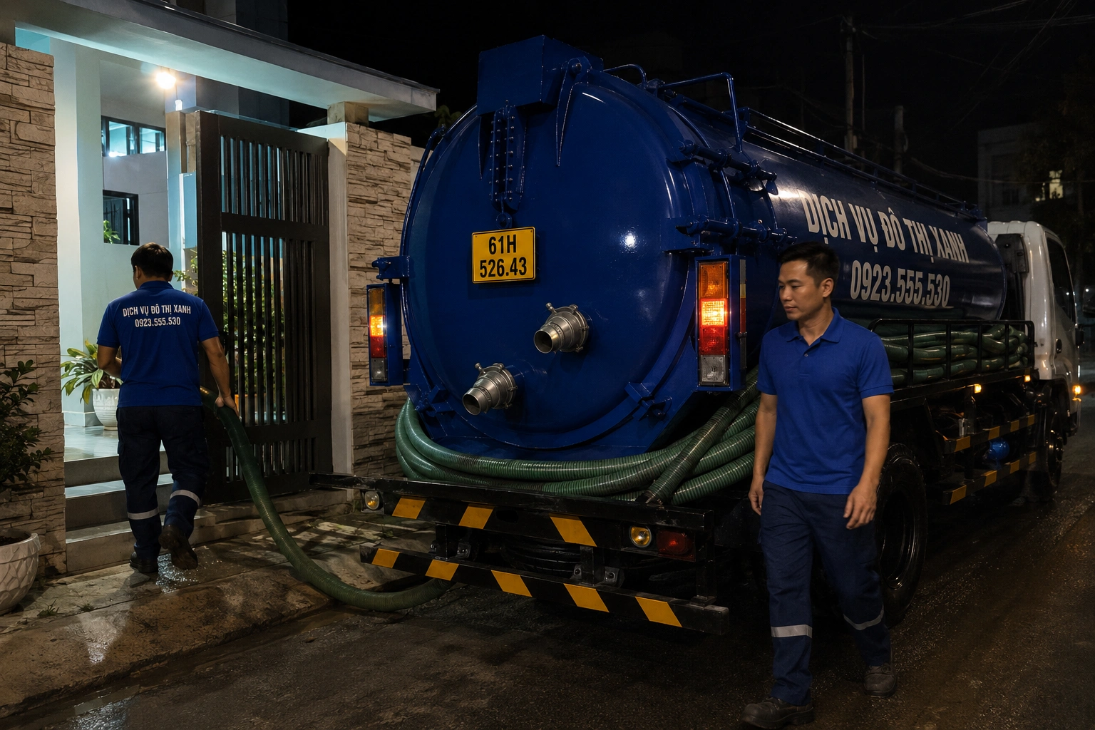 Kỹ thuật viên Đô Thị Xanh kiểm tra dấu hiệu hầm đầy trước khi điều xe hút tại Thuận An