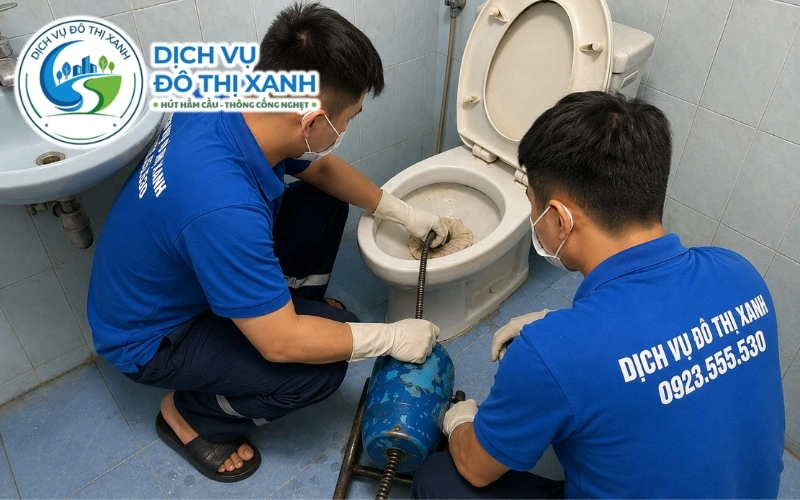Thợ Đô Thị Xanh xác định vị trí vật cản trong cổ bồn và đoạn ống phía sau tại Thuận An
