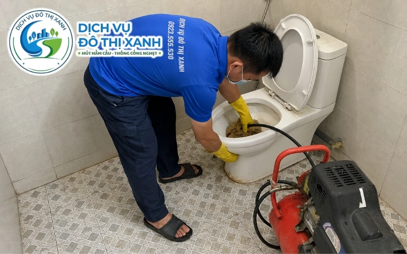 Nhân viên làm sạch cặn phèn cho bồn cầu xả yếu tại khu vực Khánh Lâm U Minh