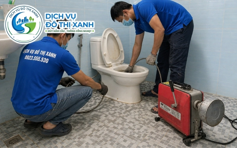 Nhân viên Đô Thị Xanh mang dụng cụ thông bồn cầu vào nhà sâu trong vườn Châu Thành