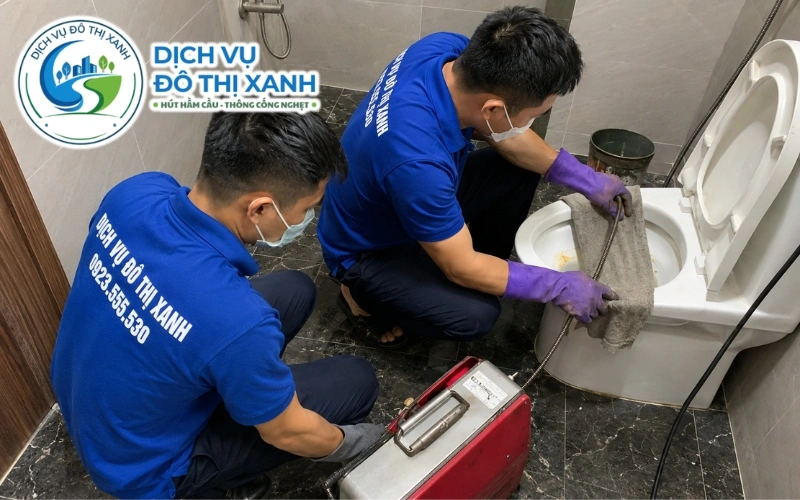Thông bồn cầu Cần Đước, Đô Thị Xanh cạo mỡ bám 24/7 2 Kỹ thuật viên Đô Thị Xanh kiểm tra lớp mỡ đông bám quanh cổ bồn cầu quán ăn tại Cần Đước