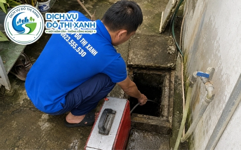 Nhân viên Đô Thị Xanh xử lý lớp mùn cưa lắng trong cống xưởng gỗ tại Tân Uyên