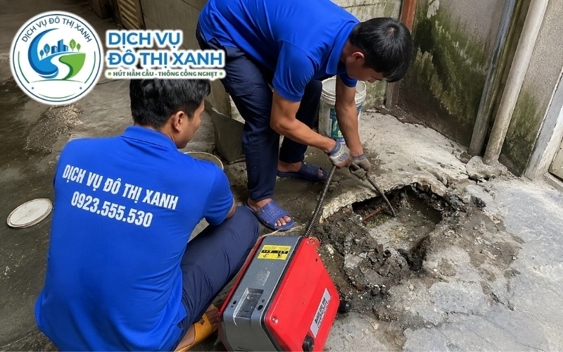 Nhân viên Đô Thị Xanh nạo mạt cưa và bụi gỗ khỏi cống sàn xưởng tủ thờ Gò Công